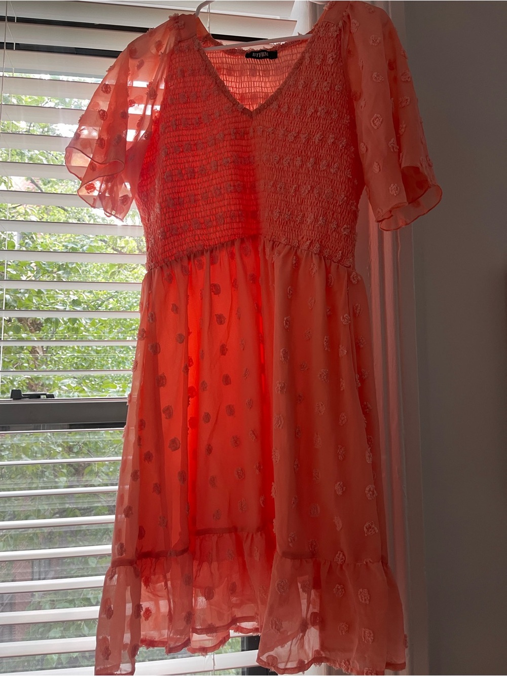 Forever 21 Coral V-Neck Smocked Bodice Chiffon Dress